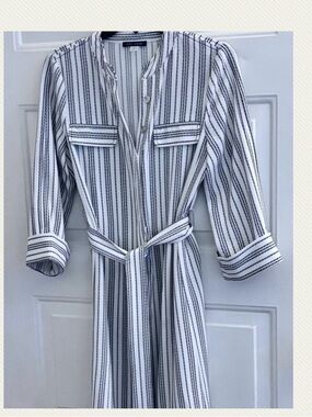 Tommy Hilfiger White and Black Striped Long Sleeve Shirt Dress